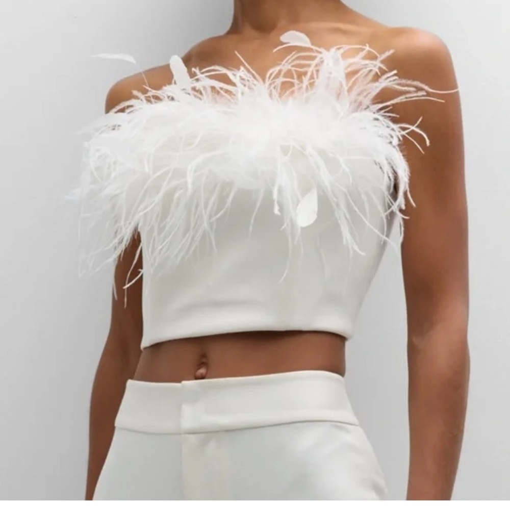 Alice + Olivia Ceresi Cream Feather Trim Crop Top Size 2